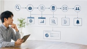 AIエージェントがニュース収集と分類と通知を自動処理する様子