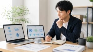 ツールやAIで反復作業を自動化し業務を確認する日本人男性