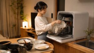 夕食後の食器を卓上食洗機へ入れる日本人女性