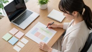 仕事効率化のために優先順位と時間予定を整理する日本人女性