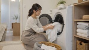 ドラム式洗濯乾燥機から乾いたタオルを取り出す日本人女性