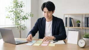 仕事効率化のためにタスクを整理する日本人ビジネスパーソン