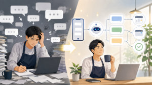 手作業の問い合わせ対応をAIと自動配信で効率化するイメージ
