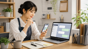 LINE公式のあいさつメッセージをスマートフォンとパソコンで考える女性