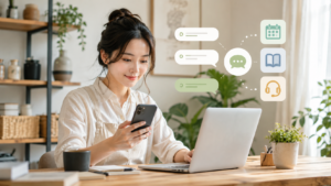 LINE公式の問い合わせ対応をスマートフォンとパソコンで効率化する日本人女性