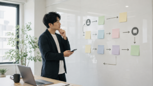 LINE公式の問い合わせ導線を付箋で設計する日本人男性