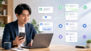LINE公式の登録後にステップ配信でメッセージを自動化するイメージ