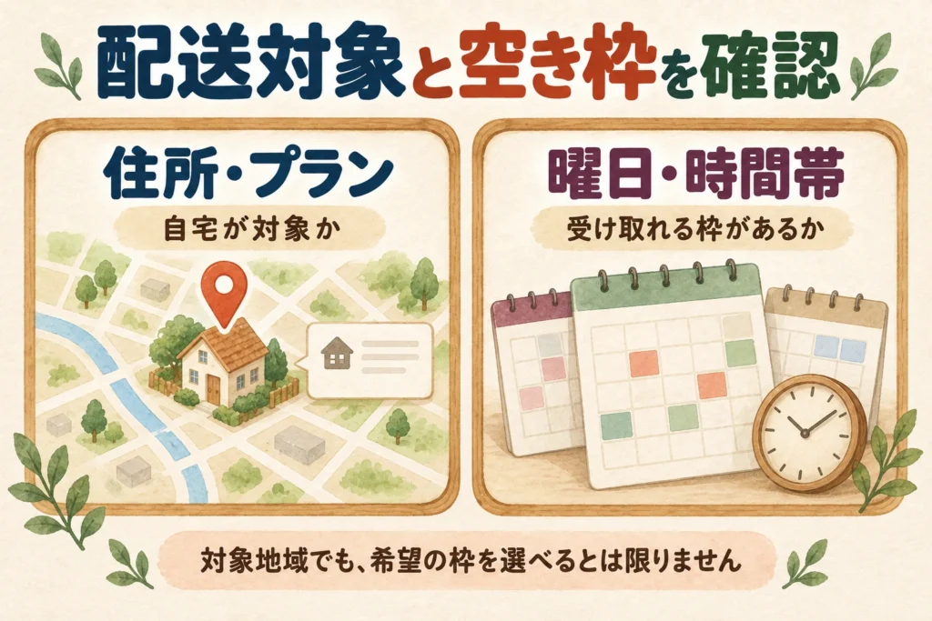 配送対象の住所と空いている日時を別々に確認する図