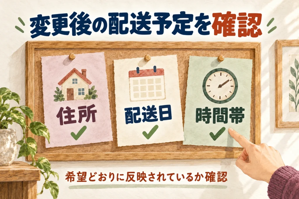 住所・配送日・時間帯を変更後に確認する三枚のメモ