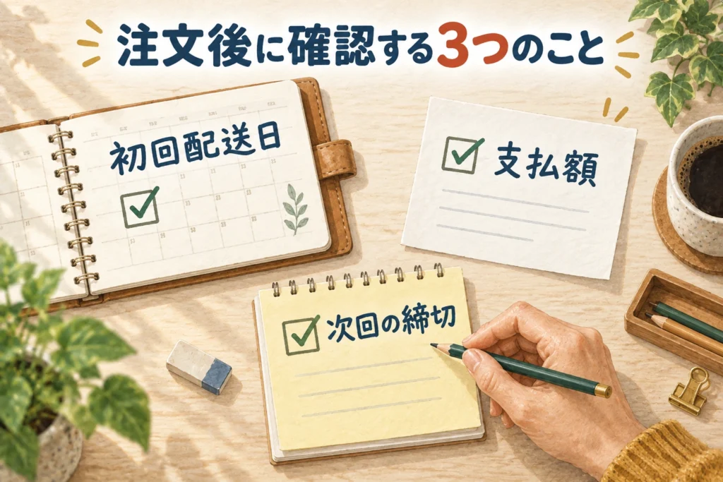 初回配送日、支払額、次回注文の期限を確認する三つのチェック項目