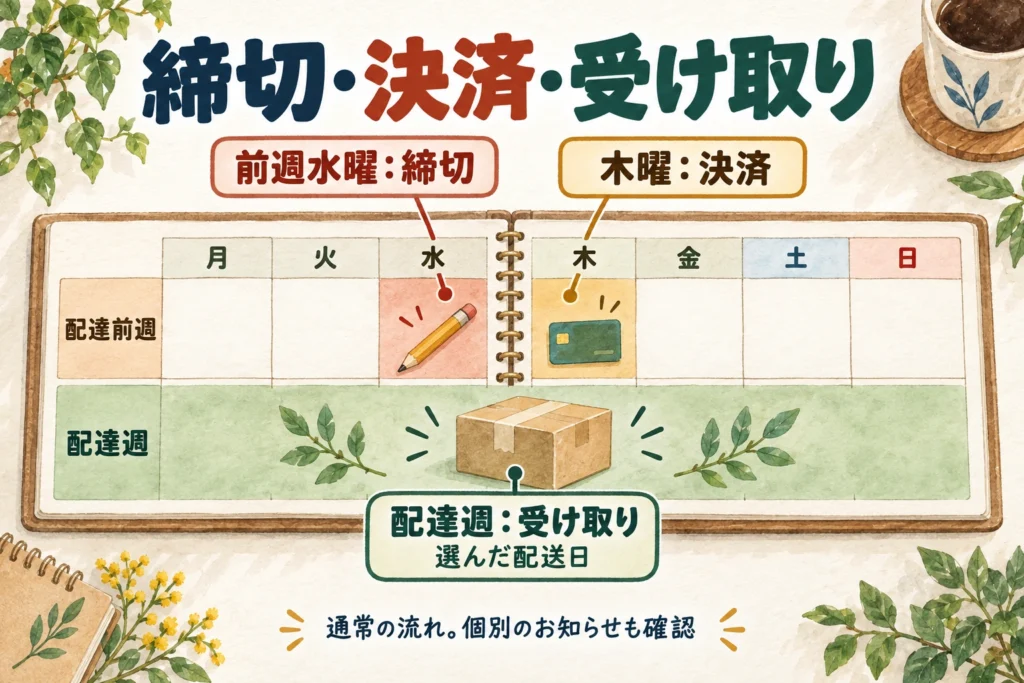 配達前週の水曜日の締切、木曜日の決済、配達週の受け取りを並べた予定表