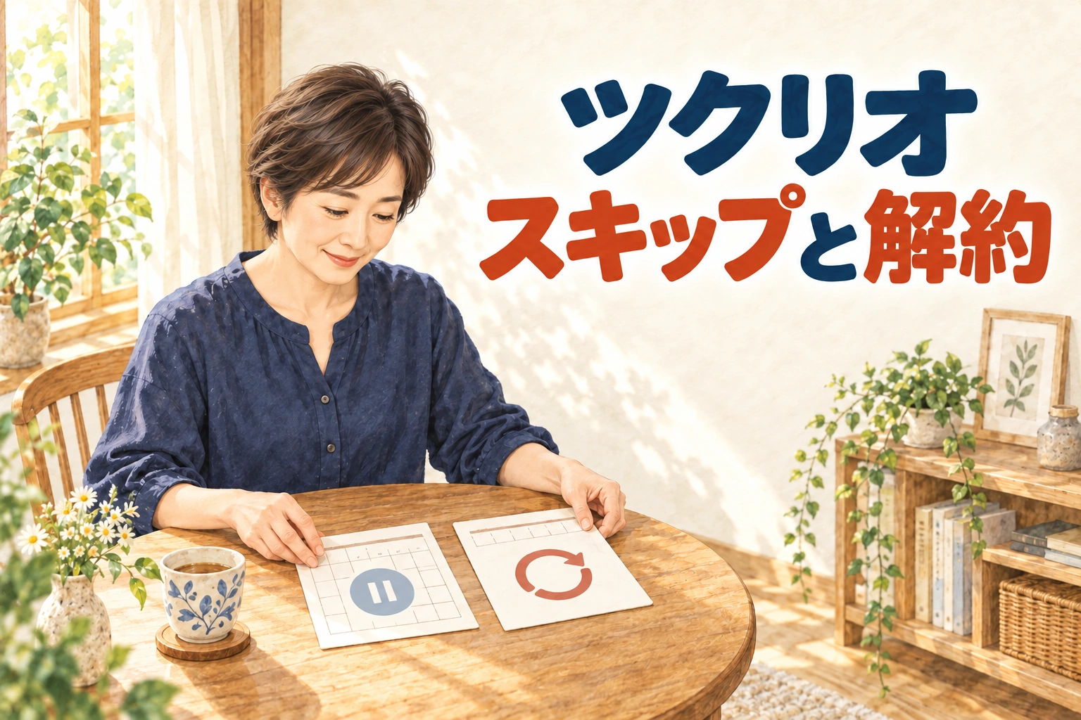 予定カードを整理しながらお休みと利用終了を確認する女性のイラスト