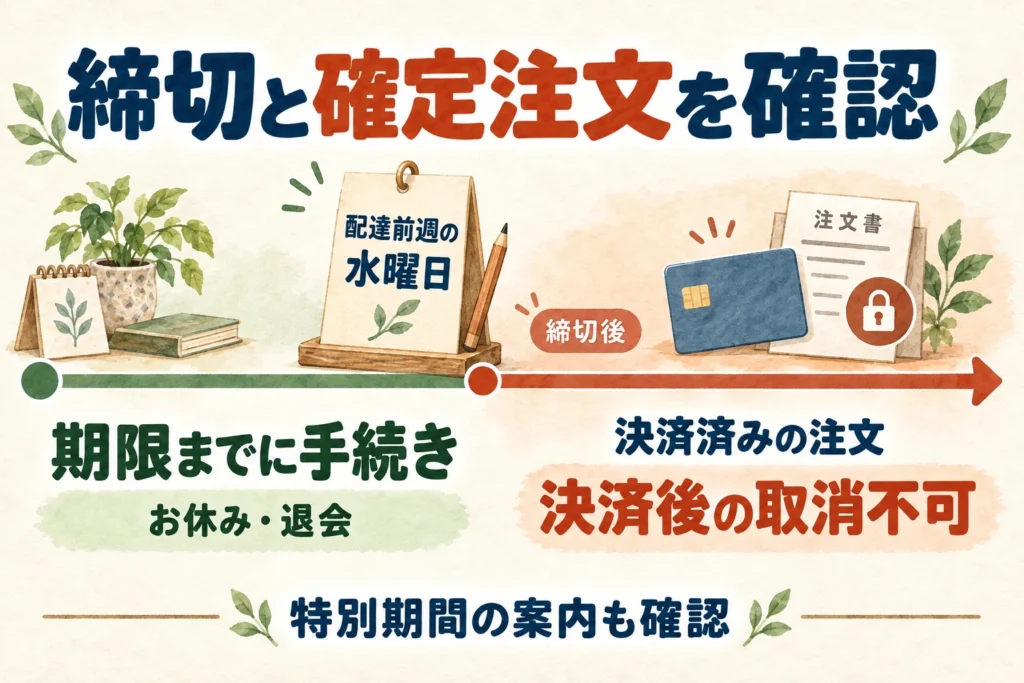 手続きの締切と確定済み注文を区別する時間の図
